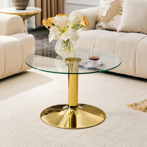 English Elm 27.5-inch Round Tempered Glass Coffee Table with Polished Metal Base Glam Living Room Gold W1512P510318