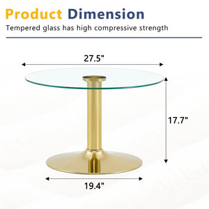English Elm 27.5-inch Round Tempered Glass Coffee Table with Polished Metal Base Glam Living Room Gold W1512P510318