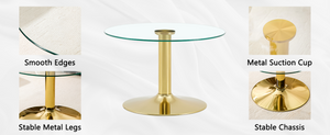 English Elm 27.5-inch Round Tempered Glass Coffee Table with Polished Metal Base Glam Living Room Gold W1512P510318