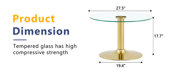 English Elm 27.5-inch Round Tempered Glass Coffee Table with Polished Metal Base Glam Living Room Gold W1512P510318