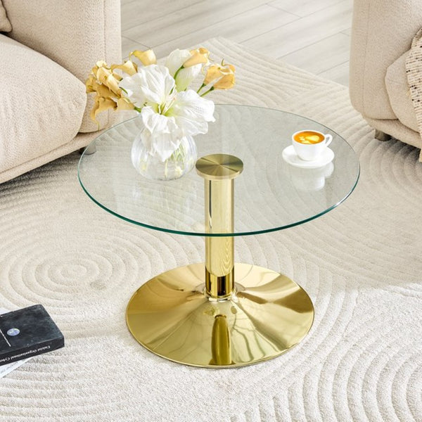 English Elm 27.5-inch Round Tempered Glass Coffee Table with Polished Metal Base Glam Living Room Gold W1512P510318