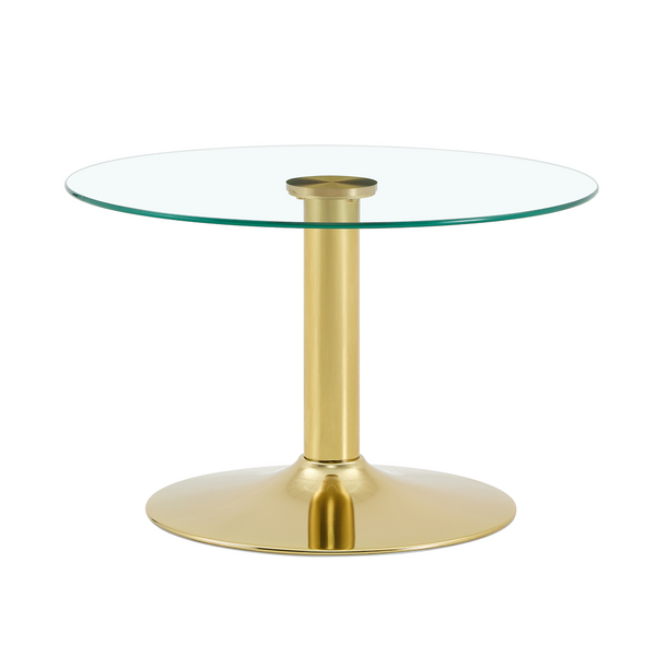 English Elm 27.5-inch Round Tempered Glass Coffee Table with Polished Metal Base Glam Living Room Gold W1512P510318