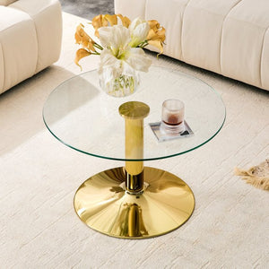 English Elm 27.5-inch Round Tempered Glass Coffee Table with Polished Metal Base Glam Living Room Gold W1512P510318