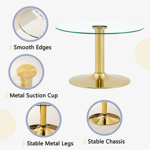 English Elm 27.5-inch Round Tempered Glass Coffee Table with Polished Metal Base Glam Living Room Gold W1512P510318
