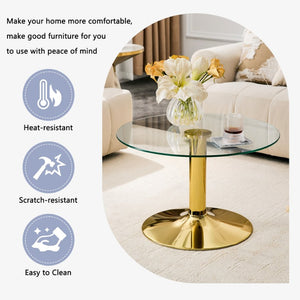 English Elm 27.5-inch Round Tempered Glass Coffee Table with Polished Metal Base Glam Living Room Gold W1512P510318