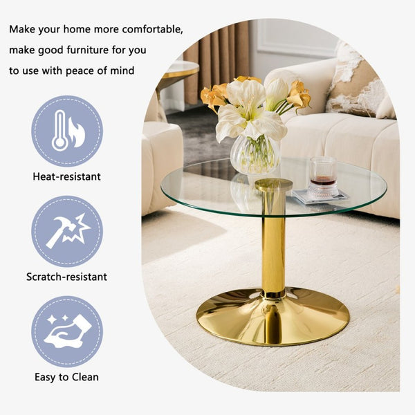 English Elm 27.5-inch Round Tempered Glass Coffee Table with Polished Metal Base Glam Living Room Gold W1512P510318