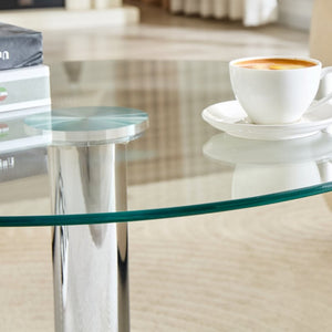 English Elm 27.5-inch Round Tempered Glass Coffee Table with Polished Metal Base Glam Living Room Silver W1512P510324