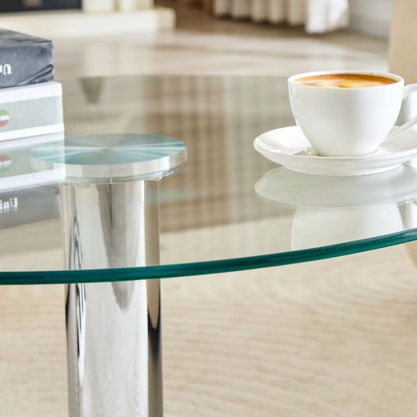 English Elm 27.5-inch Round Tempered Glass Coffee Table with Polished Metal Base Glam Living Room Silver W1512P510324