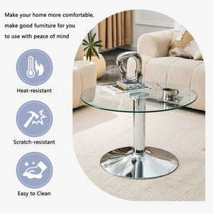 English Elm 27.5-inch Round Tempered Glass Coffee Table with Polished Metal Base Glam Living Room Silver W1512P510324