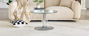 English Elm 27.5-inch Round Tempered Glass Coffee Table with Polished Metal Base Glam Living Room Silver W1512P510324