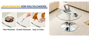 English Elm 27.5-inch Round Tempered Glass Coffee Table with Polished Metal Base Glam Living Room Silver W1512P510324