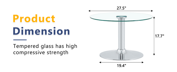 English Elm 27.5-inch Round Tempered Glass Coffee Table with Polished Metal Base Glam Living Room Silver W1512P510324