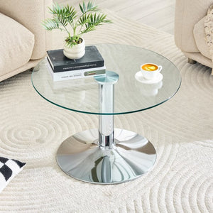 English Elm 27.5-inch Round Tempered Glass Coffee Table with Polished Metal Base Glam Living Room Silver W1512P510324