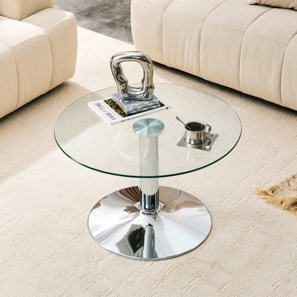 English Elm 27.5-inch Round Tempered Glass Coffee Table with Polished Metal Base Glam Living Room Silver W1512P510324