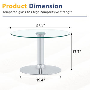 English Elm 27.5-inch Round Tempered Glass Coffee Table with Polished Metal Base Glam Living Room Silver W1512P510324