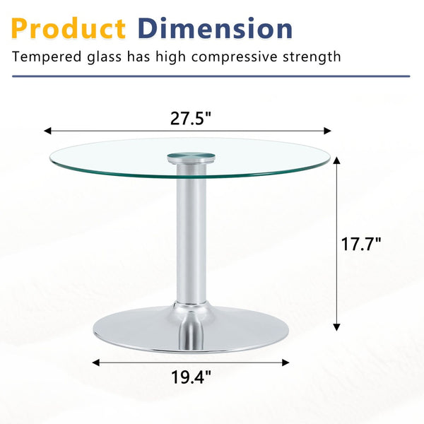 English Elm 27.5-inch Round Tempered Glass Coffee Table with Polished Metal Base Glam Living Room Silver W1512P510324