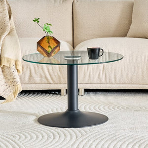 English Elm 27.5-inch Round Tempered Glass Coffee Table with Polished Metal Base Glam Living Room W1512P510326