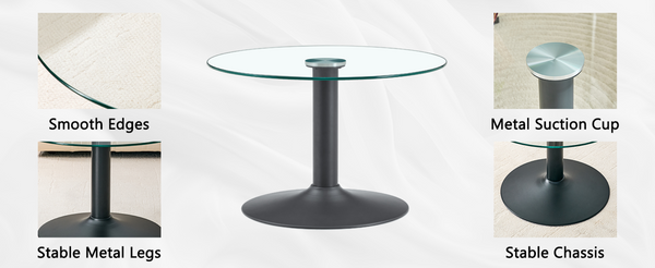 English Elm 27.5-inch Round Tempered Glass Coffee Table with Polished Metal Base Glam Living Room W1512P510326