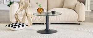 English Elm 27.5-inch Round Tempered Glass Coffee Table with Polished Metal Base Glam Living Room W1512P510326