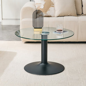 English Elm 27.5-inch Round Tempered Glass Coffee Table with Polished Metal Base Glam Living Room W1512P510326