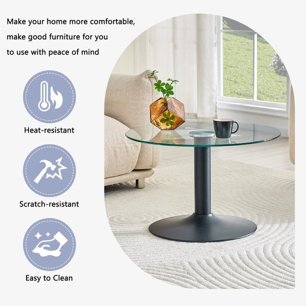 English Elm 27.5-inch Round Tempered Glass Coffee Table with Polished Metal Base Glam Living Room W1512P510326