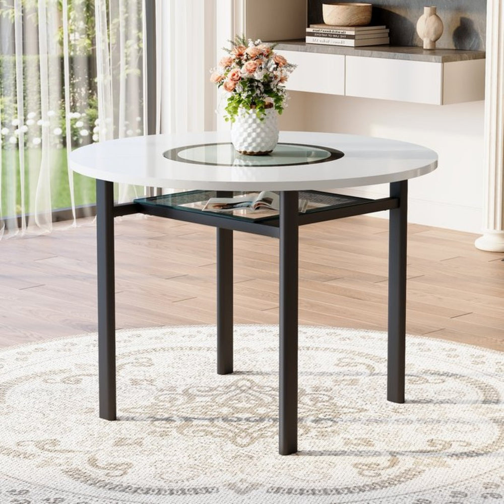 English Elm 42 Inch Round White Mdf Dining Table Gray Glass Inlay Metal Legs Seats 4 to 6 W1512P511198