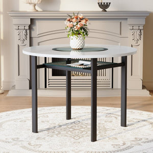 English Elm 42 Inch Round White Mdf Dining Table Gray Glass Inlay Metal Legs Seats 4 to 6 W1512P511198