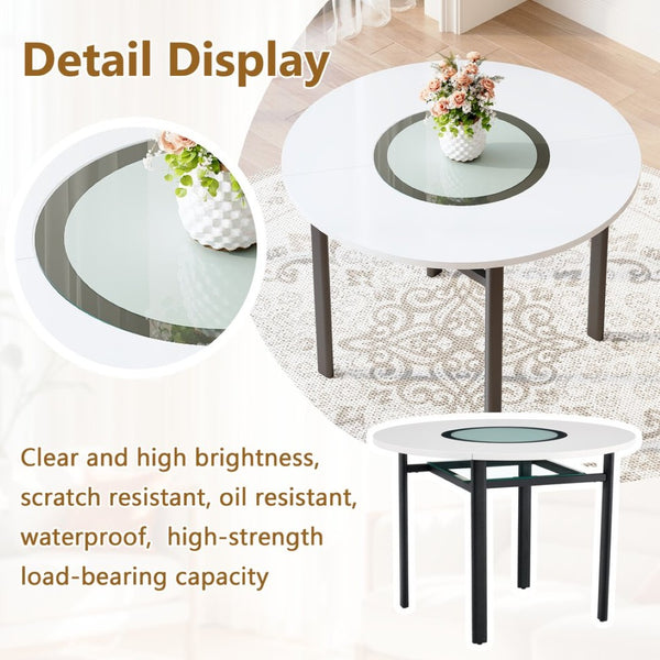 English Elm 42 Inch Round White Mdf Dining Table Gray Glass Inlay Metal Legs Seats 4 to 6 W1512P511198