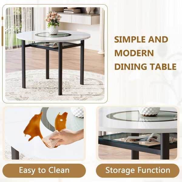 English Elm 42 Inch Round White Mdf Dining Table Gray Glass Inlay Metal Legs Seats 4 to 6 W1512P511198