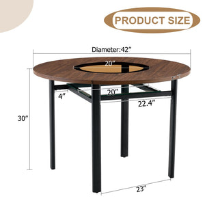 English Elm 42 Inch Round Dining Table Wood Grain Mdf Glass Inlay Metal Base Seats Six W1512P511203