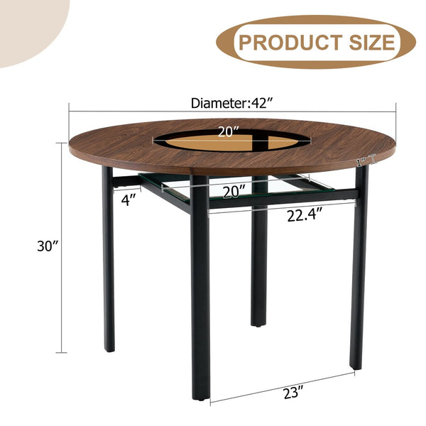 English Elm 42 Inch Round Dining Table Wood Grain Mdf Glass Inlay Metal Base Seats Six W1512P511203