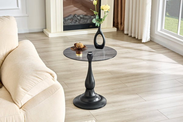English Elm Small Round Metal Side Table Tempered Glass Top Vintage Industrial Accent for Bedroom Black W1512P514524