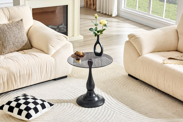 English Elm Small Round Metal Side Table Tempered Glass Top Vintage Industrial Accent for Bedroom Black W1512P514524