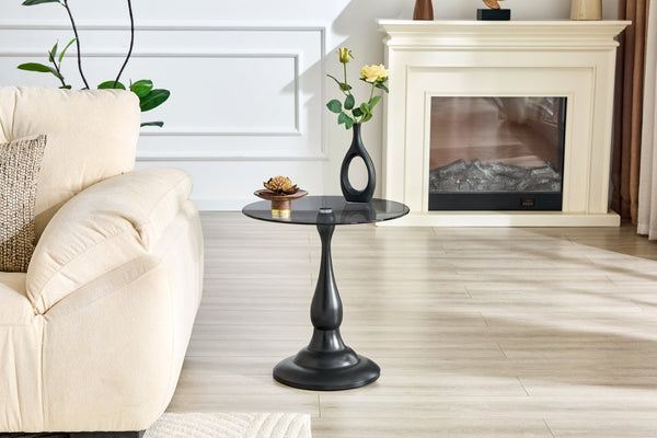 English Elm Small Round Metal Side Table Tempered Glass Top Vintage Industrial Accent for Bedroom Black W1512P514524