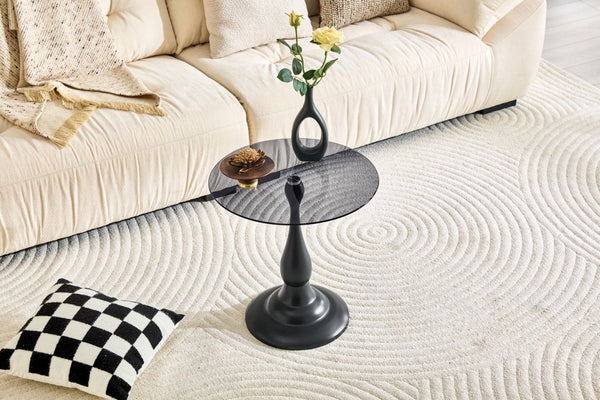 English Elm Small Round Metal Side Table Tempered Glass Top Vintage Industrial Accent for Bedroom Black W1512P514524