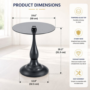 English Elm Small Round Metal Side Table Tempered Glass Top Vintage Industrial Accent for Bedroom Black W1512P514524
