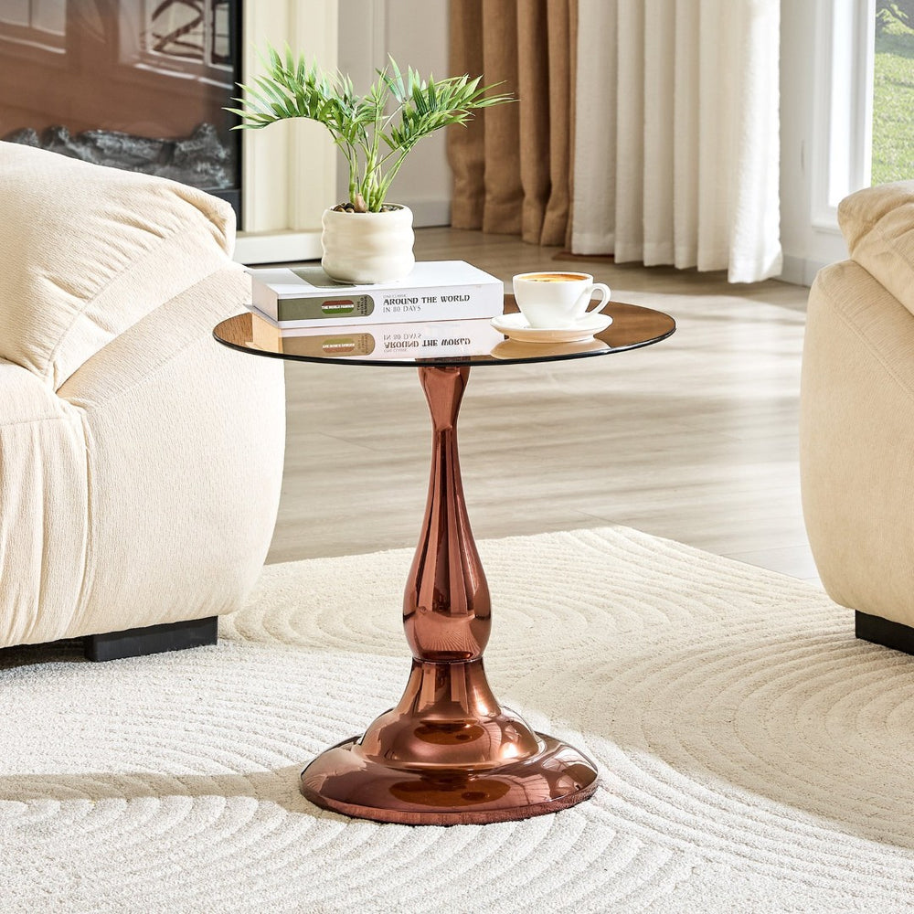 English Elm Small Round Metal Side Table Tempered Glass Top Vintage Industrial Accent for Bedroom Rose Gold W1512P514804