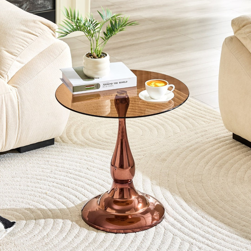 English Elm Small Round Metal Side Table Tempered Glass Top Vintage Industrial Accent for Bedroom Rose Gold W1512P514804