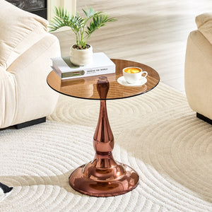 English Elm Small Round Metal Side Table Tempered Glass Top Vintage Industrial Accent for Bedroom Rose Gold W1512P514804