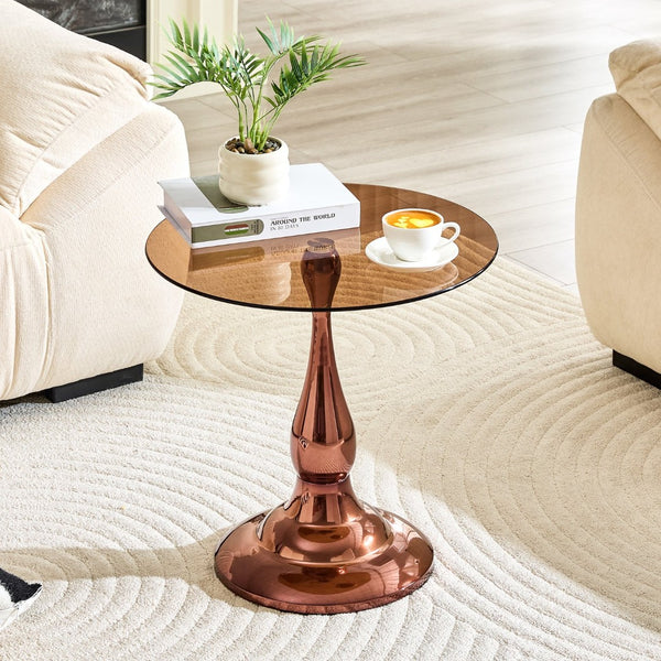English Elm Small Round Metal Side Table Tempered Glass Top Vintage Industrial Accent for Bedroom Rose Gold W1512P514804