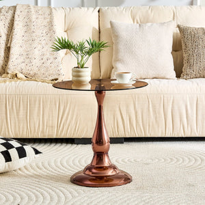 English Elm Small Round Metal Side Table Tempered Glass Top Vintage Industrial Accent for Bedroom Rose Gold W1512P514804