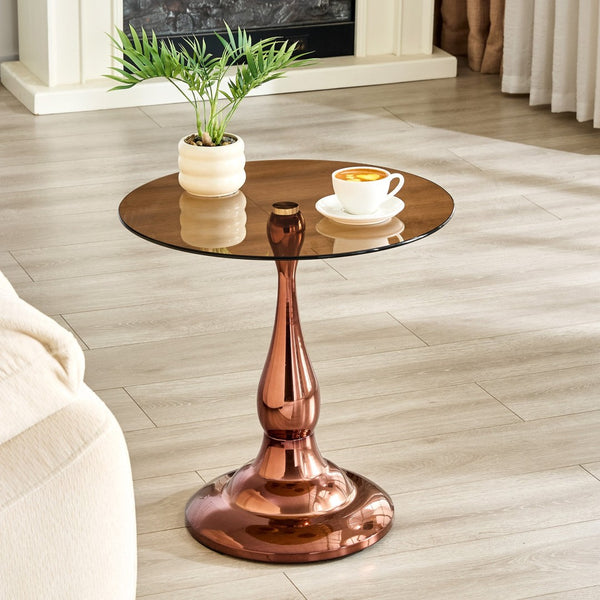 English Elm Small Round Metal Side Table Tempered Glass Top Vintage Industrial Accent for Bedroom Rose Gold W1512P514804