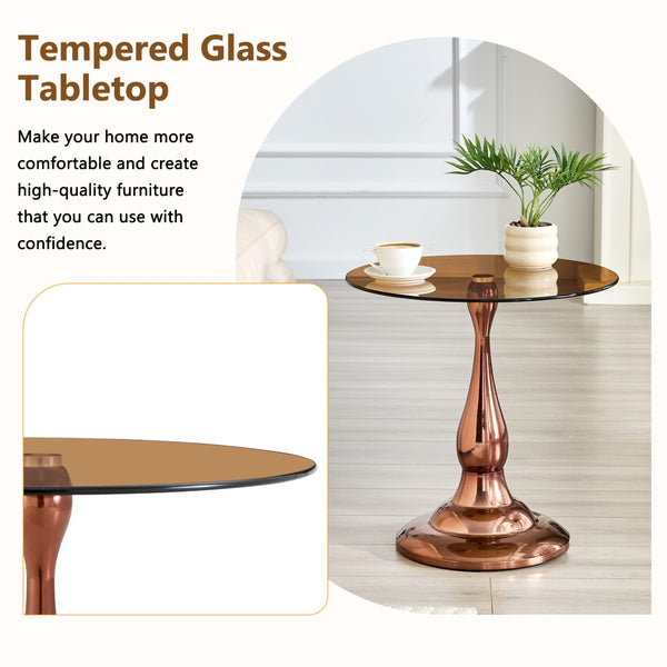 English Elm Small Round Metal Side Table Tempered Glass Top Vintage Industrial Accent for Bedroom Rose Gold W1512P514804