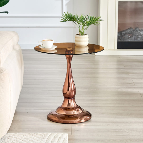 English Elm Small Round Metal Side Table Tempered Glass Top Vintage Industrial Accent for Bedroom Rose Gold W1512P514804