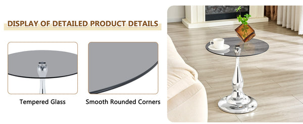 English Elm Small Round Metal Side Table Tempered Glass Top Vintage Industrial Accent for Bedroom Silver W1512P514813