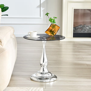 English Elm Small Round Metal Side Table Tempered Glass Top Vintage Industrial Accent for Bedroom Silver W1512P514813