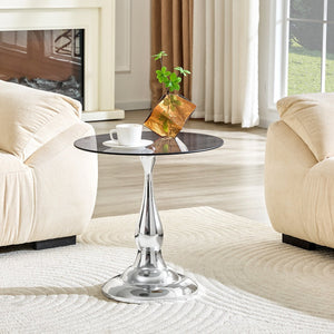 English Elm Small Round Metal Side Table Tempered Glass Top Vintage Industrial Accent for Bedroom Silver W1512P514813