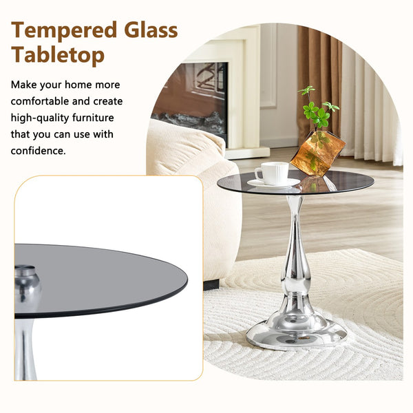 English Elm Small Round Metal Side Table Tempered Glass Top Vintage Industrial Accent for Bedroom Silver W1512P514813