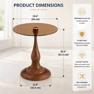 English Elm Small Round Metal Side Table Tempered Glass Top Vintage Industrial Accent for Bedroom Walnut W1512P514818