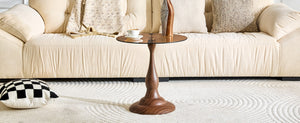 English Elm Small Round Metal Side Table Tempered Glass Top Vintage Industrial Accent for Bedroom Walnut W1512P514818